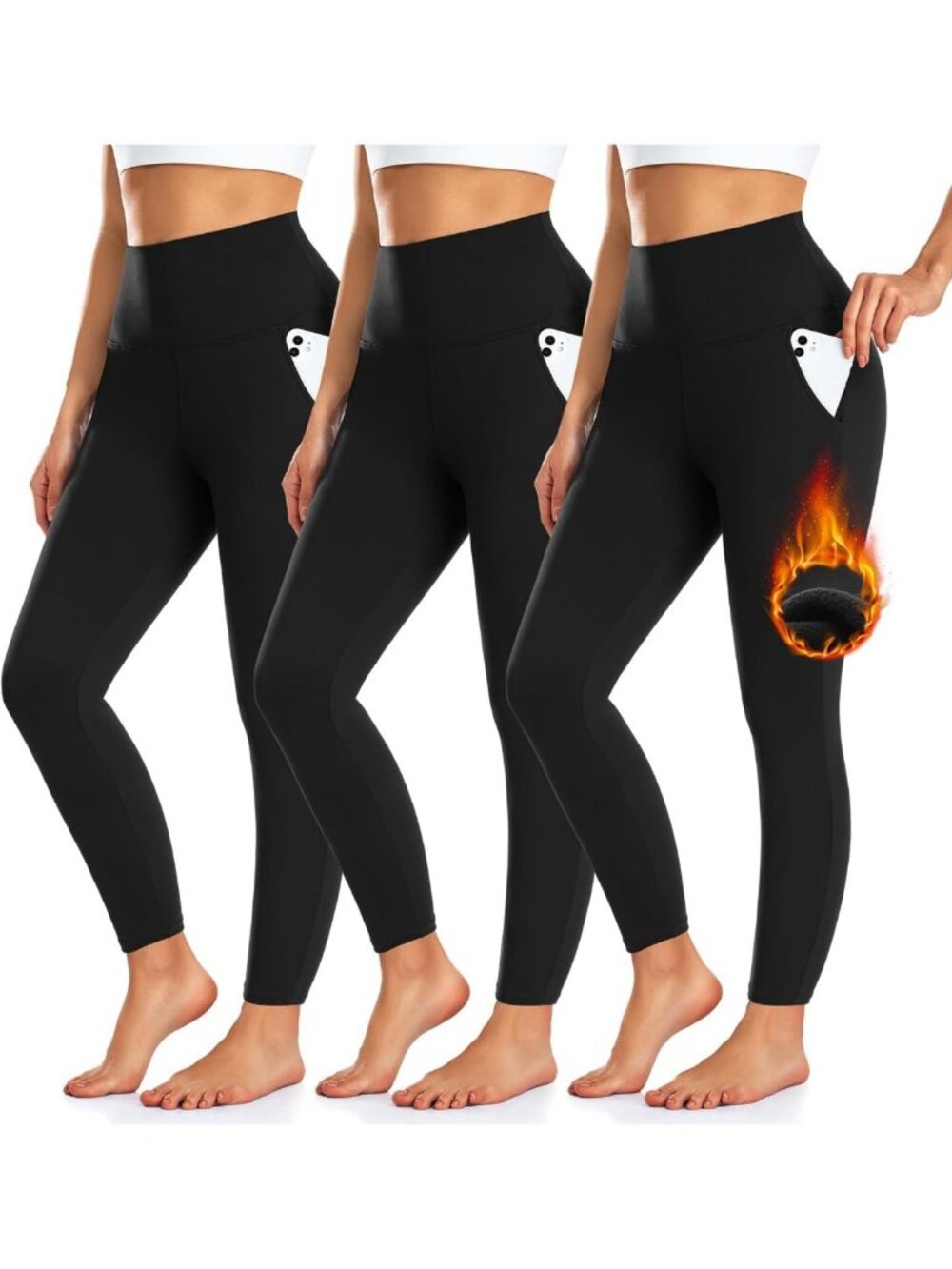 Cozy 3-Pack Women's High Waist Fleece-Lined Leggings with Pockets - Perfect for